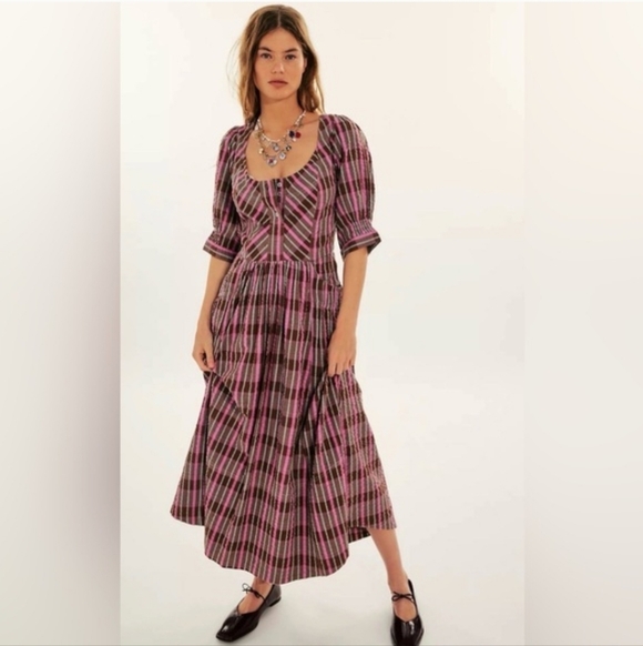 Free People Pink and Brown Plaid Midi Dress - Picture 5 of 7